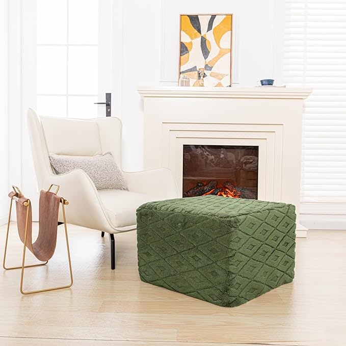 Fluffy Square Ottoman Pouf with All-in-One Foam Filling 20 x 14 Inches Furry Ottoman Foot Rest Foot Stool for Living Room or Bedroom (Green)