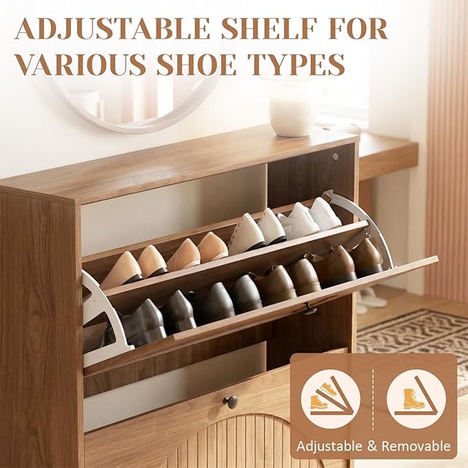 Wood Shoe Rack for Entryway with Fluted Panel, Shoe Storage Cabinet for Entryway with 2 Flip Drawers, Narrow Freestanding Shoe Cabinet for Hallway, Foyer, Living Room (Walnut)