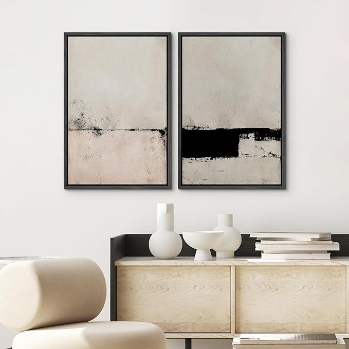 SIGNWIN Framed Canvas Print Wall Art Set Pastel Industrial Grunge Landscape Abstract Shapes Illustrations Minimal Decorative Nordic Relax/Zen for Living Room, Bedroom, Office - 24"x36"x2 Black