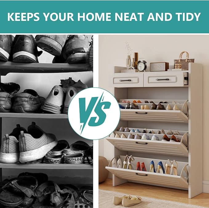 Shoe Cabinet with 3 Large Flip Drawers and 2 Storage Drawers, Narrow Shoe Organizer Cabinet Fits for Kinds of Shoes, Slim Shoe Storage Cabinet for Entryway, Hallway, White