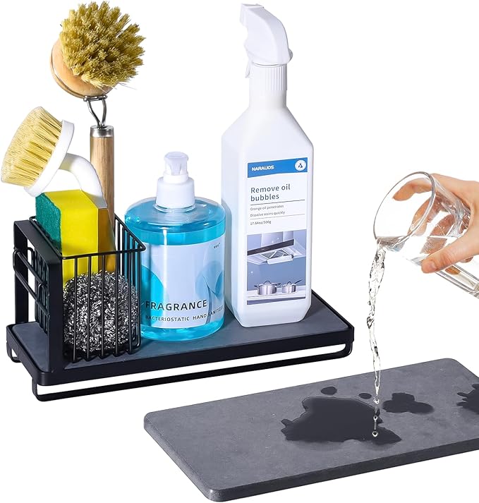KONE Black Kitchen Sink Caddy: Kitchen Sponge Holder with Instant Drying Stone and Brush Holder, Rustproof Sink Organizer for Sponges, Soap, Home Decor Storage and Organization