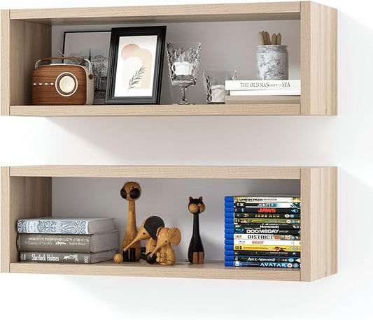 Kaboon 24in Floating Cube Shelves Set of 2, Display Shelves Wall Mount, Decorative Hanging Shelves for Kitchen Living Room Office,(Grey Oak, Rectangle 2 Cubes)