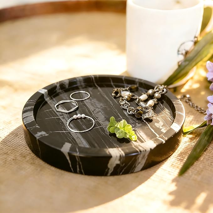 Natural Marble Tray, Round Black Tray for Bedroom/Bathroom/Kitchen/Vanity Countertop, Jewelry Tray for Rings Earrings Necklace Bracelet Watch, Room Decor Aesthetic