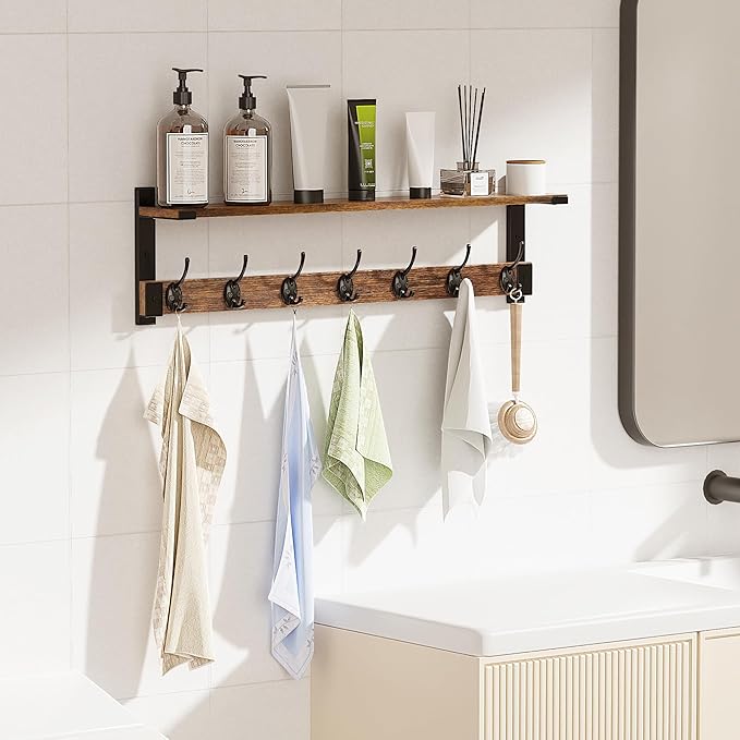 Oraich Wall Hooks with Shelf, 28.7 Inch Coat Rack Wall Mount with Hook for Coat Backpack Key Clothes Hanger, Wall Floating Shelf Hanging in Entryway, Living Room, Bathroom, Bedroom, Kitchen