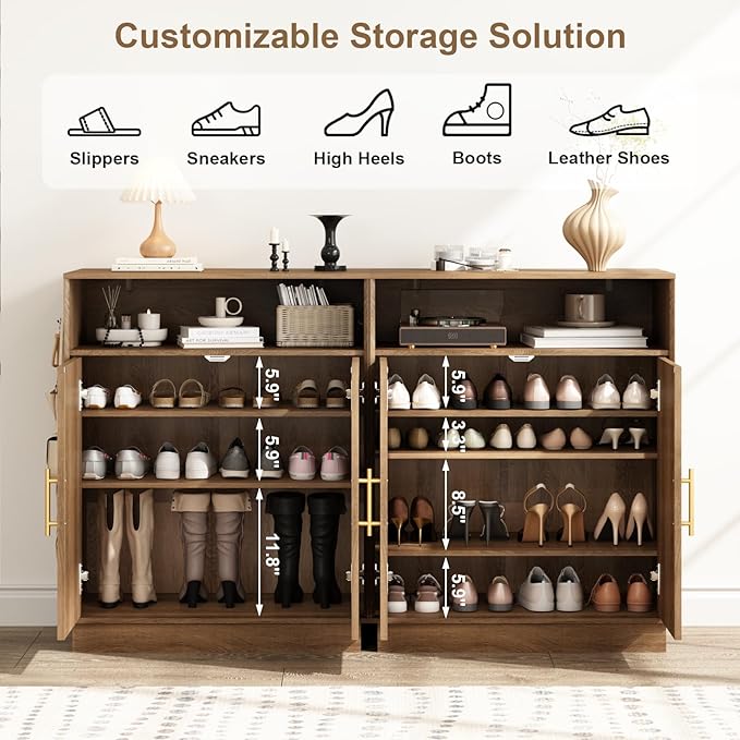 HOKYHOKY Rattan Shoe Storage Cabinet with 2 Arched Doors, 5-Tier Deep Shoe Organizer with Adjustable Shelves, Farmhouse Boho Shoe Rack Cabinet for Entryway,Rustic Oak