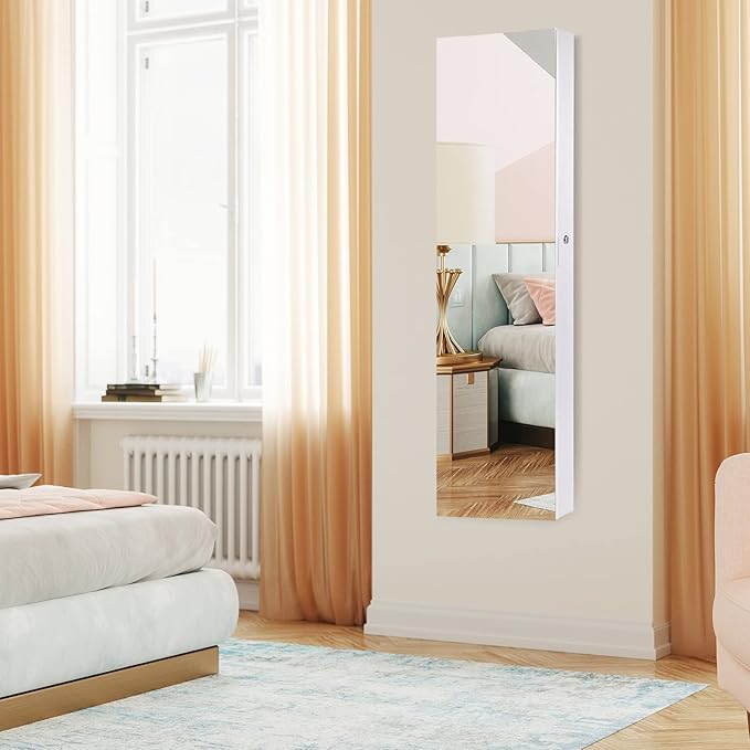 Byroce 47.5''H Jewelry Armoire, Over the Door/Wall Mounted, Full Length Mirror with Jewelry Storage, 2-LED Lockable Jewelry Cabinet with 2 Drawers, Hanging Jewelry Organizer for Bedroom (White)