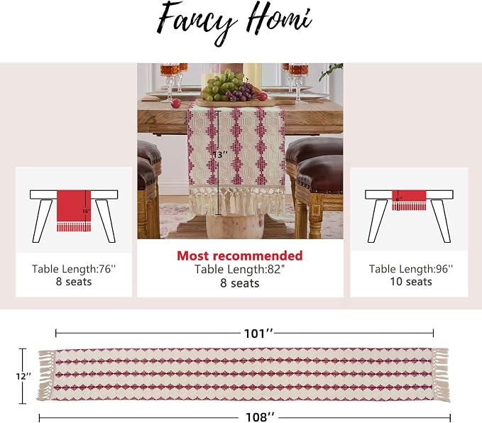 Fancy Homi Burgundy Boho Cotton Polyester Table Runner 108 Inches Long, Farmhouse Macrame Table Runners with Tassels for Home Party Bohemian Rustic Bridal Shower Kitchen Dining Decor 12x108 Inches