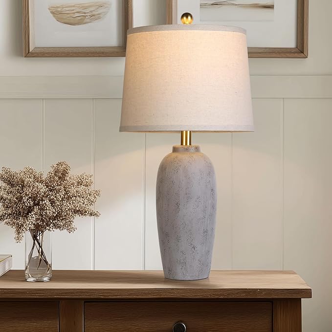25“ Jar Table Lamps Set of 2, Ceramic Bedside Lamps for Bedroom, Brown Grey Farmhouse Nightstand Lamps for Living Room