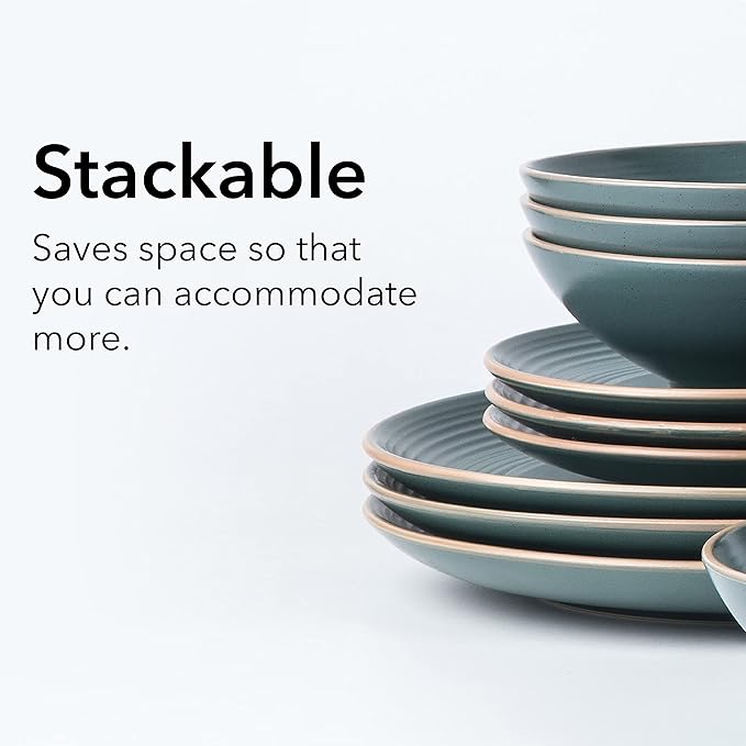 Arora RINGAR Round Stoneware 16pc Double Bowl Dinnerware Set for 4, Dinner Plates, Side Plates, Cereal Bowls, Pasta Bowls - Speckle Matte Green (431952)