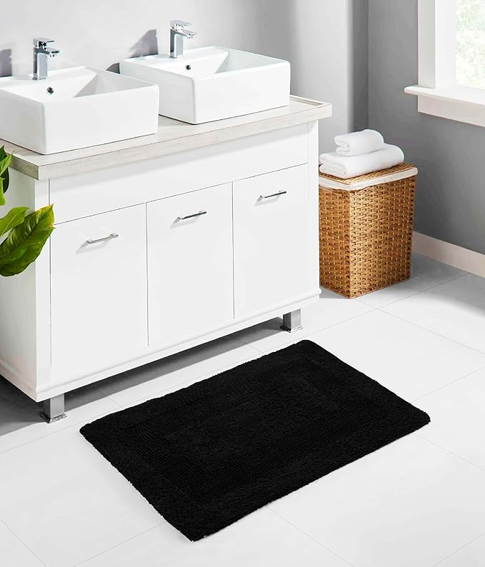 COTTON CRAFT Luxurious Bath Mat Rug - Set of 2 Reversible Heavyweight Step Out Bath Mats for Bathroom Floor, Tub and Shower - Pure Cotton Soft Plush Absorbent Tufted Racetrack Mat - 17x24 inch - Black