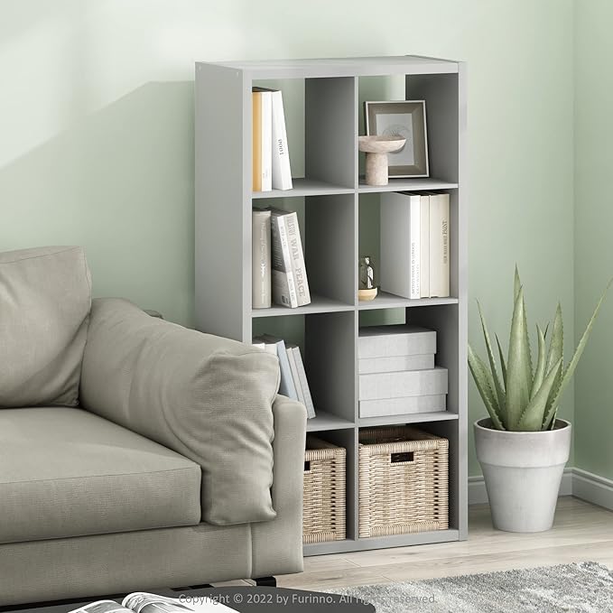 Furinno Cubicle Open Back Decorative Cube Storage Organizer, 8-Cube, Light Grey