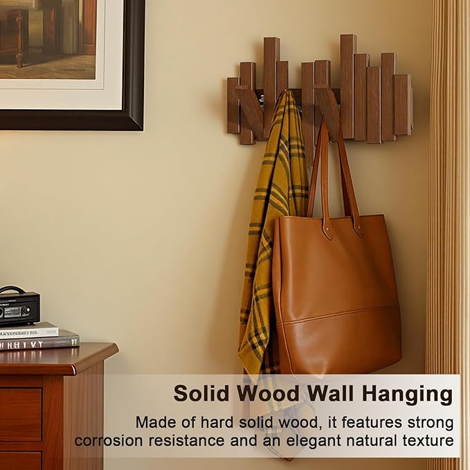 Modern Wooden Coat Rack, key holder wall mount– Handmade Solid Walnut Flip Hook Rack with Hidden Mount, Decorative Entryway Wall Hooks for Coats, Bags & Hats, Space-Saving Design (Black,6Hooks)