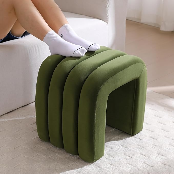 ONEVOG Velvet Pouf Ottoman,Olive Green Foot Rest for Couch 18 inch Cute Vanity Chair for Makeup, Sturdy Frame, Living Room Decor, Upholstered Footrest for Dorm, Bedroom