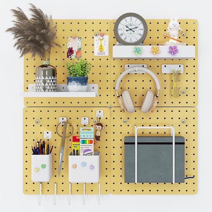 Metal Pegboard Combination Kit — 4 Carbon Steel Pegboards with 26 Accessories, Pegboard Wall Organizer for Home, Office, Study Room, Kitchen, Garage & Craft Room — 24″ × 24″ Yellow Peg Board