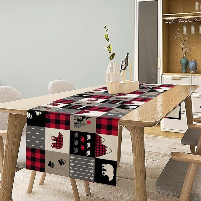 Vintage Rustic Table Rustic Cabin Red Brown Bear Retro Wildlife Farmhouse Theme for Kitchen Dining Room Holiday Party Family Gatherings Decor 13x36in