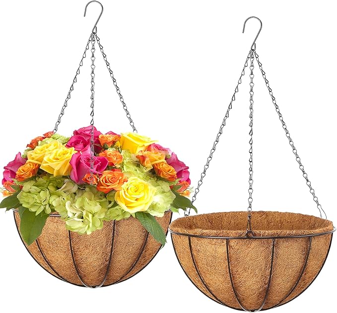 LCHUANG Hanging Baskets Planter for Plants - 2 Pack 12 Inch Metal Baskets with Coco Coir Liner, Hanging Flower Pots for Outside with Chain, Indoor Outdoor Garden Porch Decoration (12'' Pack of 2)