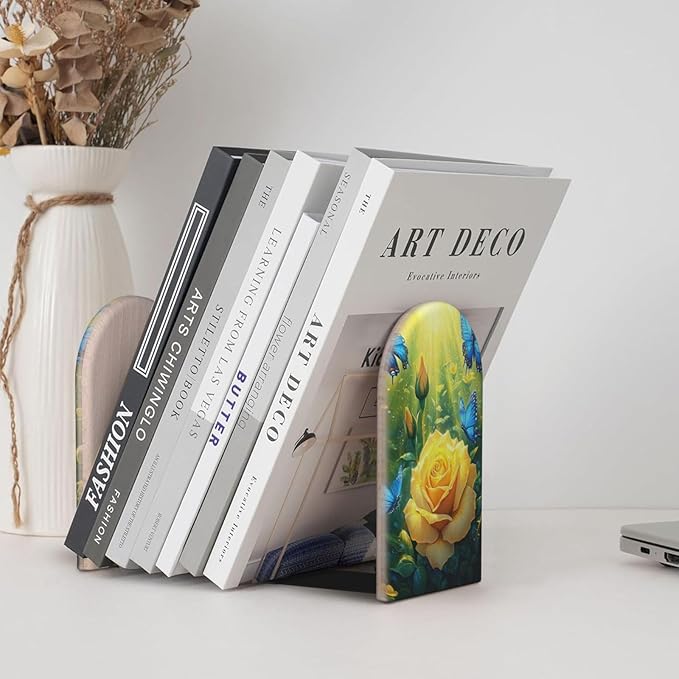 Yellow Rose Blue Butterflies Wood Book Ends for Shelves, Non-Skid Bookends for Office, Library, and Home Decor, 1 Pair