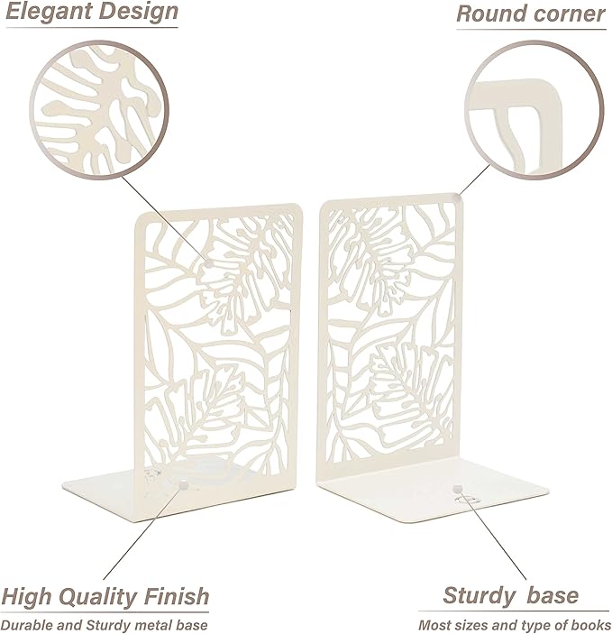 CNK Premium BookEnds for Heavy Books - Metal Book Stoppers for Book Shelves - Decorative Home Office Book Holders (Tropical White)