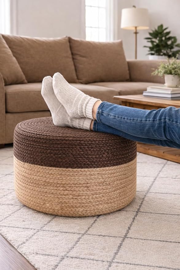 Jute Pouf Ottoman - 100% Jute Braided Footrest Pouf Hand Knitted Traditional Cord Boho Pouffe for Living Room, Bedroom, Nursery, Patio, Lounge Colorblock - Brown (18”x18”x12”)
