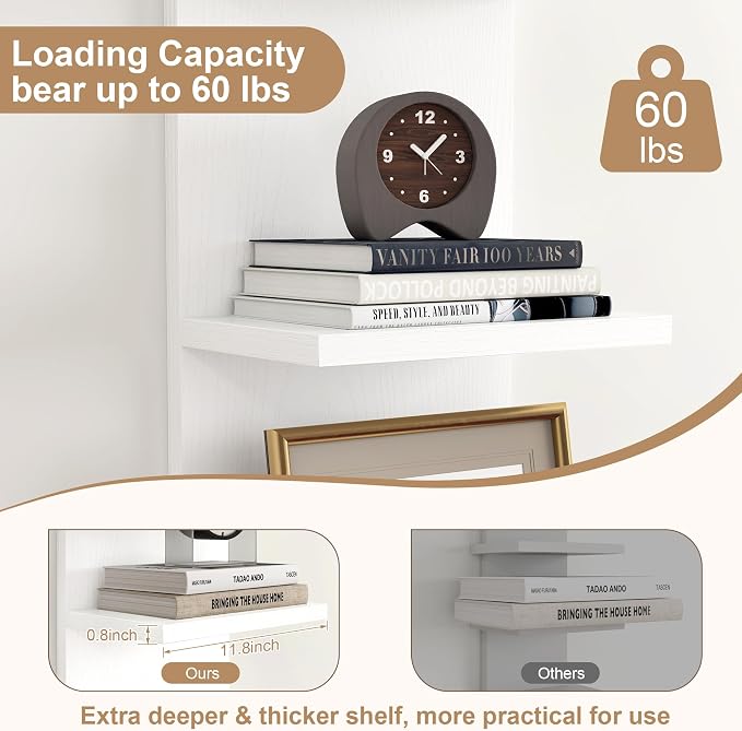 Fun Memories 4 Tier Wall Shelf Unit, Vertical Floating Shelf, Wall Mount Lack Shelving Home Decor Organizer Tall Tower Design Utility Shelving for Bedroom Living Room, White