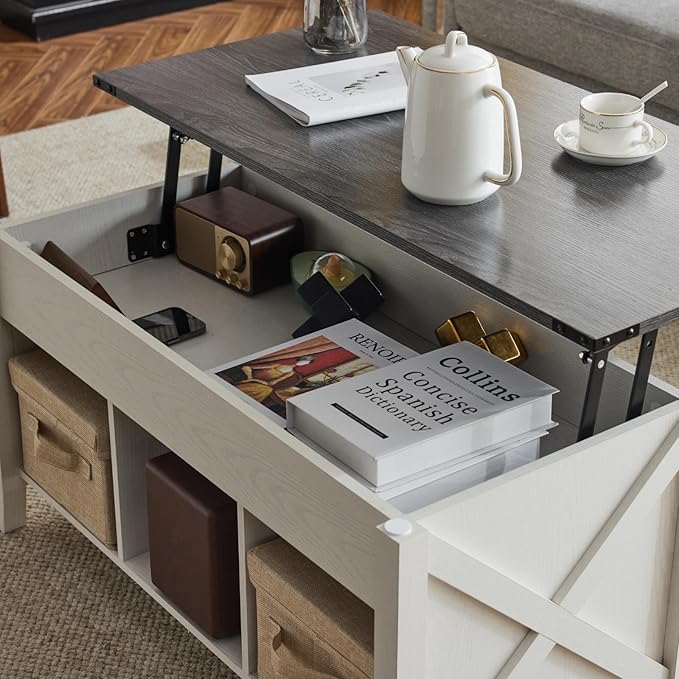VINGLI Farmhouse Lift Top Coffee Table, Rustic Grey with Storage Shelf/Hidden Compartment, Mesa De Centro para Sala, Rustic Brown (White Charcoal, 40" L)