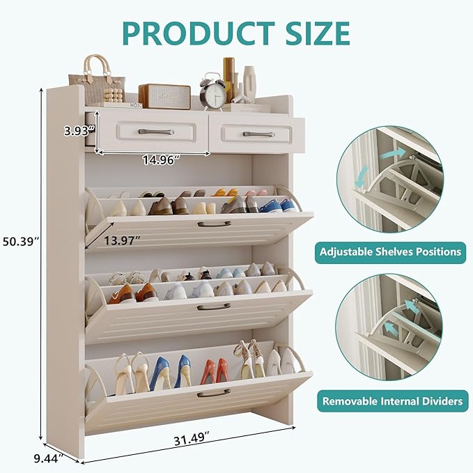 Shoe Cabinet with 3 Large Flip Drawers and 2 Storage Drawers, Narrow Shoe Organizer Cabinet Fits for Kinds of Shoes, Slim Shoe Storage Cabinet for Entryway, Hallway, White