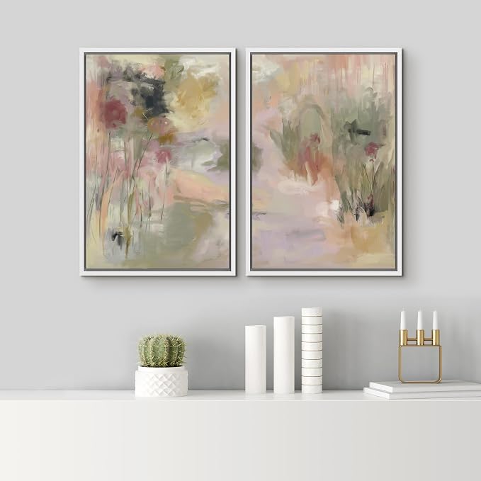 SIGNLEADER Framed Canvas Print Wall Art Set Soft Abstract Pastel Floral Impressionist Botanical Illustrations Modern Multicolor for Living Room, Bedroom, Office - 16"x24"x2 WHITE