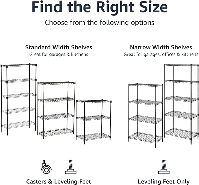 Amazon Basics 5-Shelf Multipurpose Adjustable Steel Garage Shelving Unit, Storage Rack for Kitchen, 200 lbs Per Shelf, Easy Assembly, 13.4"D x 23.2"W x 60"H, Black