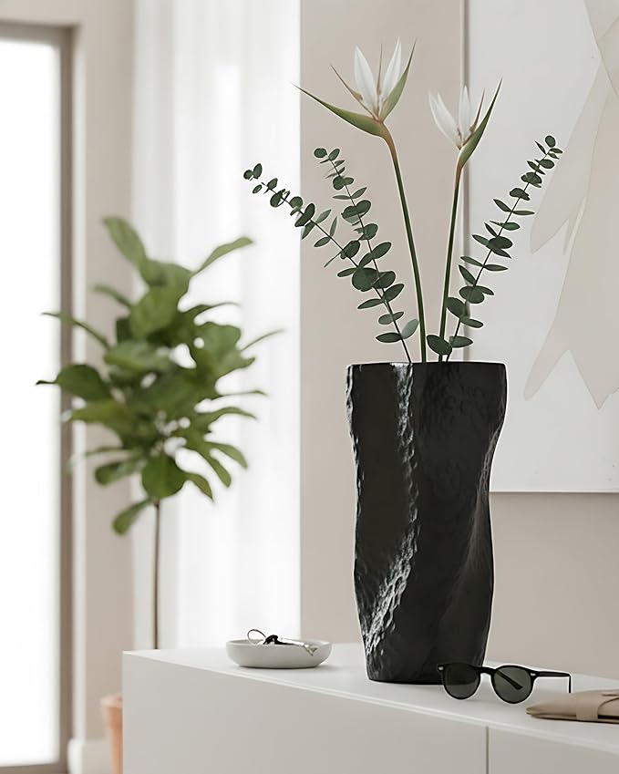 Black Matte Ceramic Vase, 9.9 Inch Organic Nature Shape, OOSTONEE Modern Wabi Sabi Decor Gothic Unique Flower Vase for Home, Living Room, Bedroom, Dining Table, Centerpiece Decor