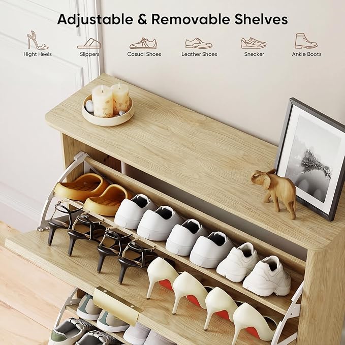 Natural Wood Slim Shoe Storage Cabinet with Fluted Doors,31.5" Modern Hidden Shoe Rack with 2 Flip Drawers,Rounded Corners,Wall-Mounted Narrow Shoe Organizer