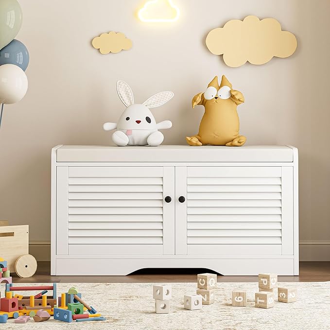 Shoe Storage Bench with Padded Seat Cushion, Classic Louvre Doors Shoe Bench for Entryway, Living Room, Bedroom, 13.7" Dx36.6 Wx18.3 H,White