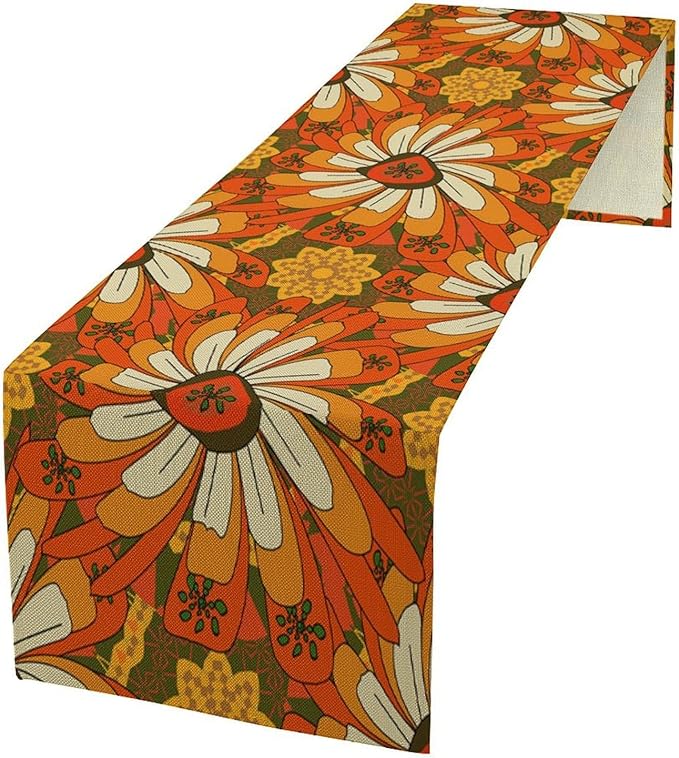 Vintage Floral Table Runner Boho Retro Traditional Flower Hippie Groovy Mid Century Dinner Runner for Home Kitchen Dining Table Party Holiday Decor 13"x36"