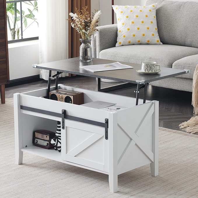 VINGLI Farmhouse Lift Top Coffee Table, Rustic Grey with Storage Shelf/Hidden Compartment, Mesa De Centro para Sala, Rustic Brown (White Charcoal, 36" L)