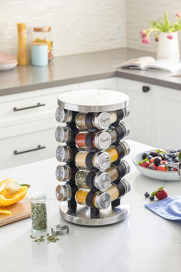 Orii 20 Jar Rotating Spice Rack with Spices Included & 5-Year Free Spice Refill Program – Stainless Steel Revolving Countertop Spice Rack with 3 oz Glass Jars