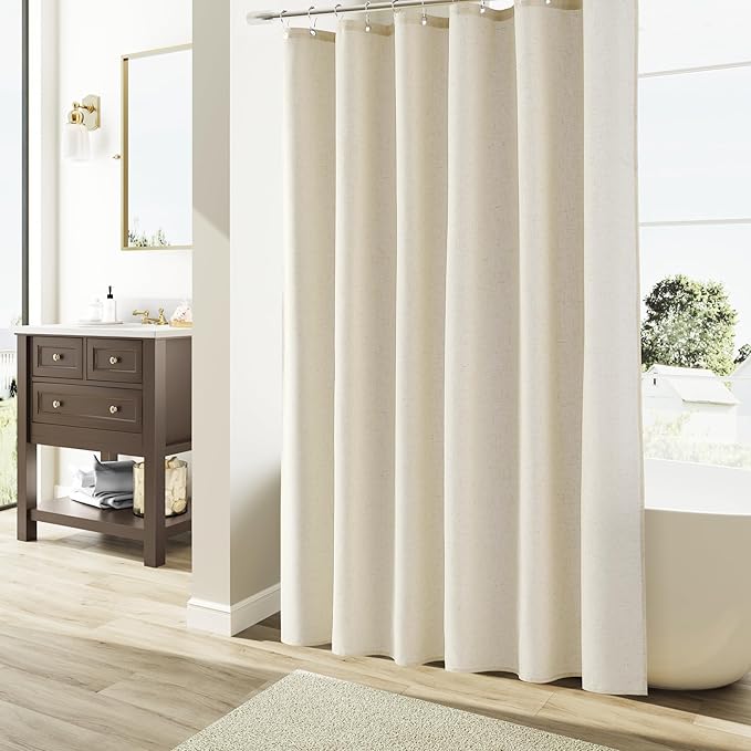 Naturoom Warm Beige Linen Shower Curtain, Country Boho Farmhouse Bath Decor Shower Curtains Neutral Cloth Weighted Textured Fabric Bath Curtain Liner with Hooks, 72x72