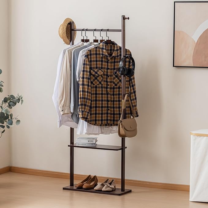 Clothes Rack Solid Wood Coat Rack with Shelves and Hooks – Garment Clothing Rack Coat Rack with Storage for Hallway, Bedroom, Living Room, 23.6 inch, Walnut