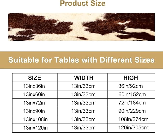 Cowhide Table Runner,Farmhouse Western Cow Pattern Table Runner for Coffee Table Dining Room Table Bedroom Party Holiday Decor 13x90inch