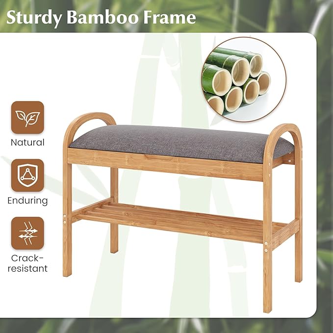 Giantex Shoe Bench with Flip-Top Storage, Bamboo 2-Tier Entryway Bench with Padded Cushion, Shoe Rack Bench for Hallway, Closet, Foyer, Living Room, Bedroom, Mudroom (with Flip-Top Storage)