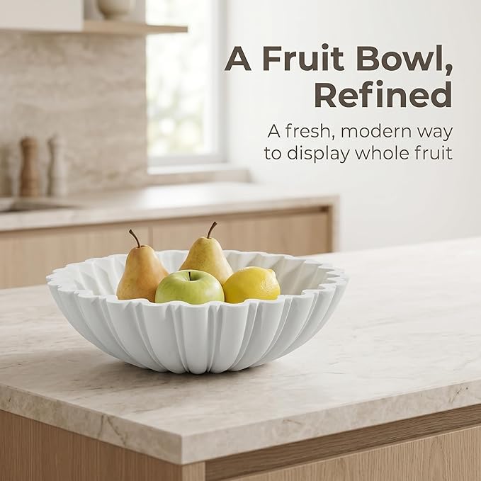 Decorative Bowl for Home Decor, 10.6" Large Modern White Scalloped Fruit Bowl for Coffee Table, Entryway Table, Kitchen Counter, Centerpiece for Keys or Candy