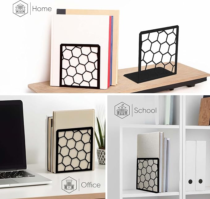 Black Geometric Honeycomb Metal Bookends - Book Ends for Shelves - Decorative Modern Heavy Duty Bookend Stopper - Book Ends for Heavy Books - Home Office Book Holder - 2 Pair, 6x3.25x6.25 in