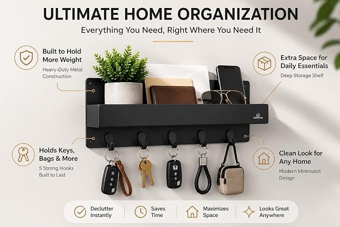 Modern Large Wall Mounted Key Holder with Deep Shelf, Entryway Organizer with 5 Heavy Duty Hooks, Metal Key Rack for Wall, Mail Holder & Dog Leash Hanger, Black