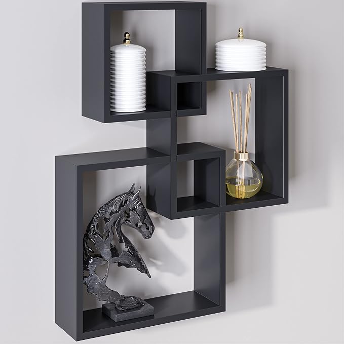 Ballucci Modern Interlocking Cube Floating Shelves, Wall Mount Wood Square Shelves for Living Room, Bedroom, Bathroom, Easy to Install Wall Decor Box Shelves, Black