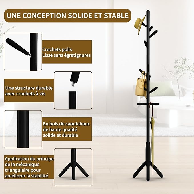 Solid Wood Coat Rack, Freestanding Tree-Shaped Coat Rack with 11 Hooks, Main Pole 1.6" dia for Clothes, Hat Stand Used in Bedroom/Office/Entryway (3-Leg Base, Black)