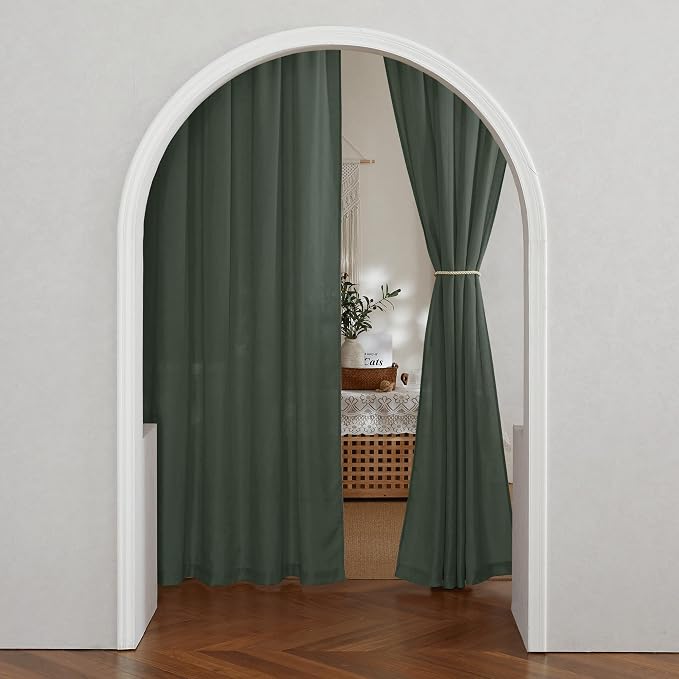 RYB HOME Hunter Green Linen Sheer Curtains 84 inches 2 Panels - Semi Transparent Rod Pocket Light Filtering Farmhouse Drapes for Living Room, Bedroom, Office, W 52" x L 84"