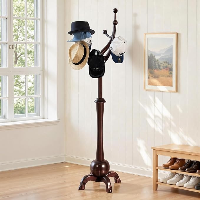 Wooden Coat Rack Freestanding with 8 Hooks, Heavy Duty Coat Hanger Stand with Stable Base, Vintage Coat Tree Standing Coat Racks for Entryway, Hallway, Bedroom (Wine Red)