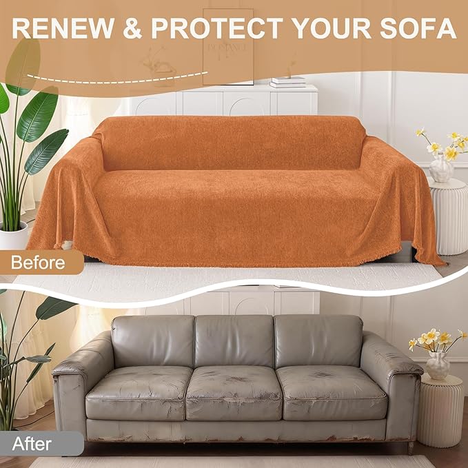 Smiry Couch Cover for Dogs, Washable Chenille Sofa Covers for 3 Cushion Couch, Soft Sofa Slipcover for Pets, Thick Sectional Furniture Protector with Tassels (Orange, 88.5x134 Inch)