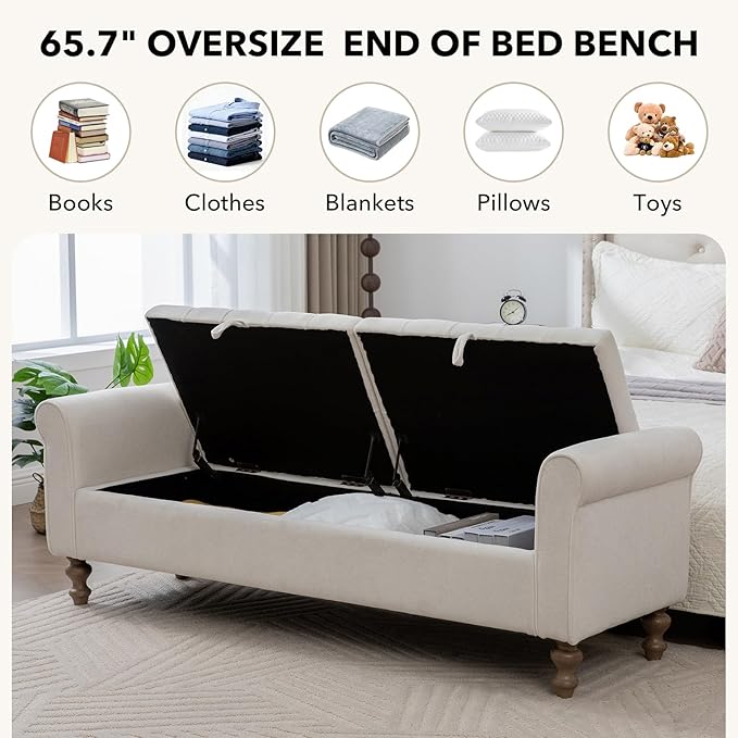 65" Oversize Storage Ottoman Bench, Fleece Upholstered End of Bed Benches with Rolled Armrest, Modern King Size Benches with Rolled Armrest, Window Bench (Beige+Dual-Cover)