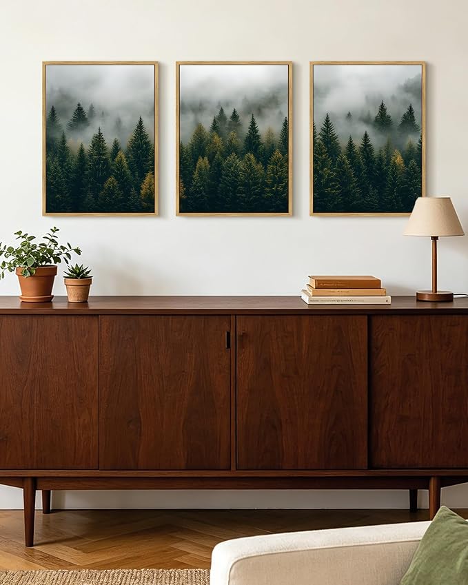 KUVIOKE Green Fog Pine Tree Landscape Framed Wall Art Nature Nordic Misty Forests Prints Morden Farmhouse Bedroom Living Room Ready to Hang 12x16in (Natural Framed)