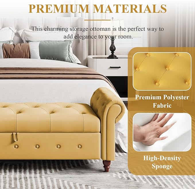 Modern 63'' Storage Ottoman Bench, Upholstered End Bed Bench with Curved Armrest, Button Tufted Entryway Bench with Wood Legs, Bed Bench for Bedroom, Living Room, Hallway (Yellow)