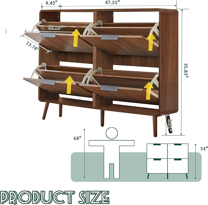 FurSch 47" Fluted Large Shoe Cabinet with 4 Flip Drawers, Slim Freestanding Shoe Cabinet Organizer, Narrow Shoes Storage Rack for Entryway, 5 Sturdy Legs (All Walnut, 9.45" D x 47.24" W x 35.83" H)